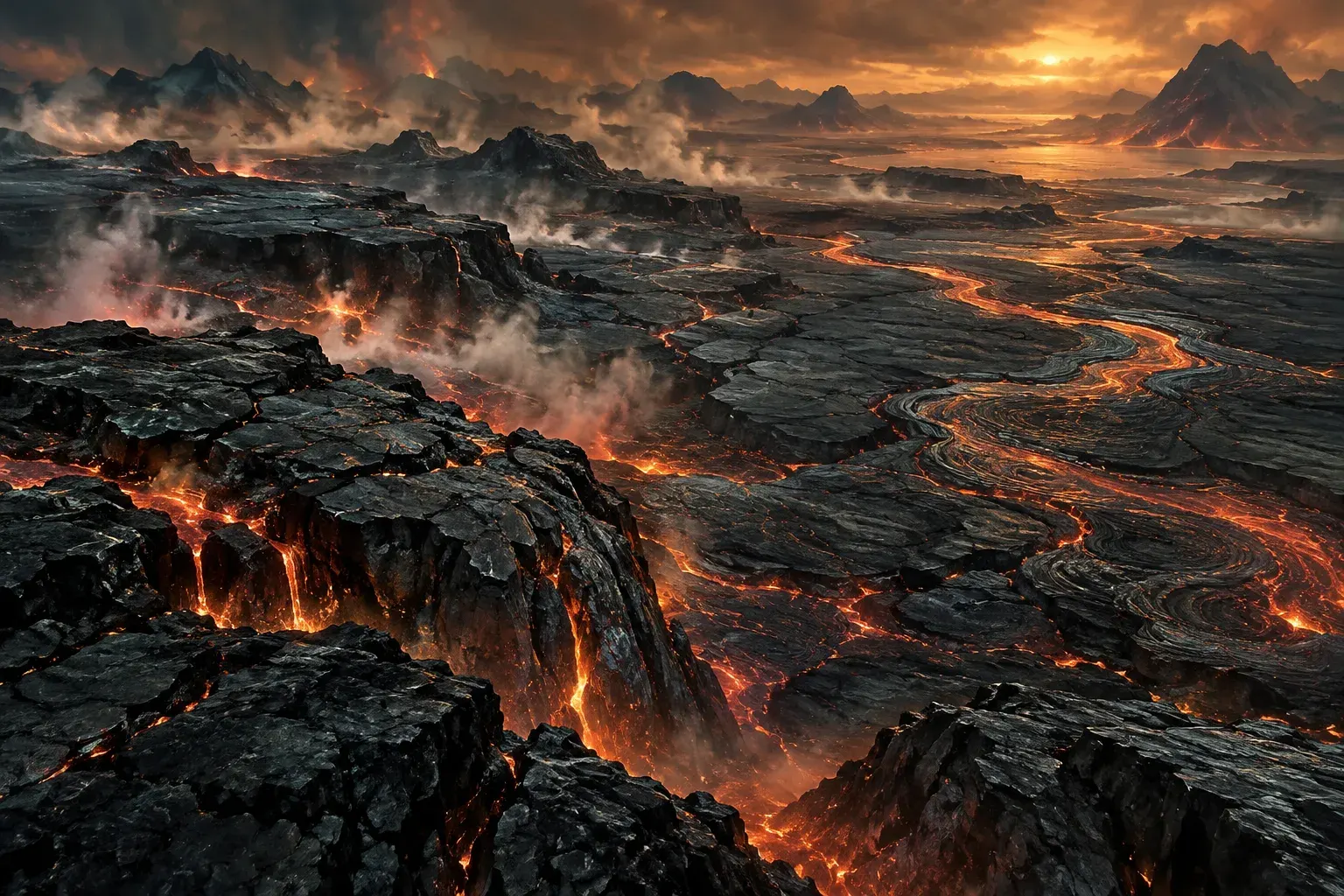 Black basalt crust cut by rivers of lava.