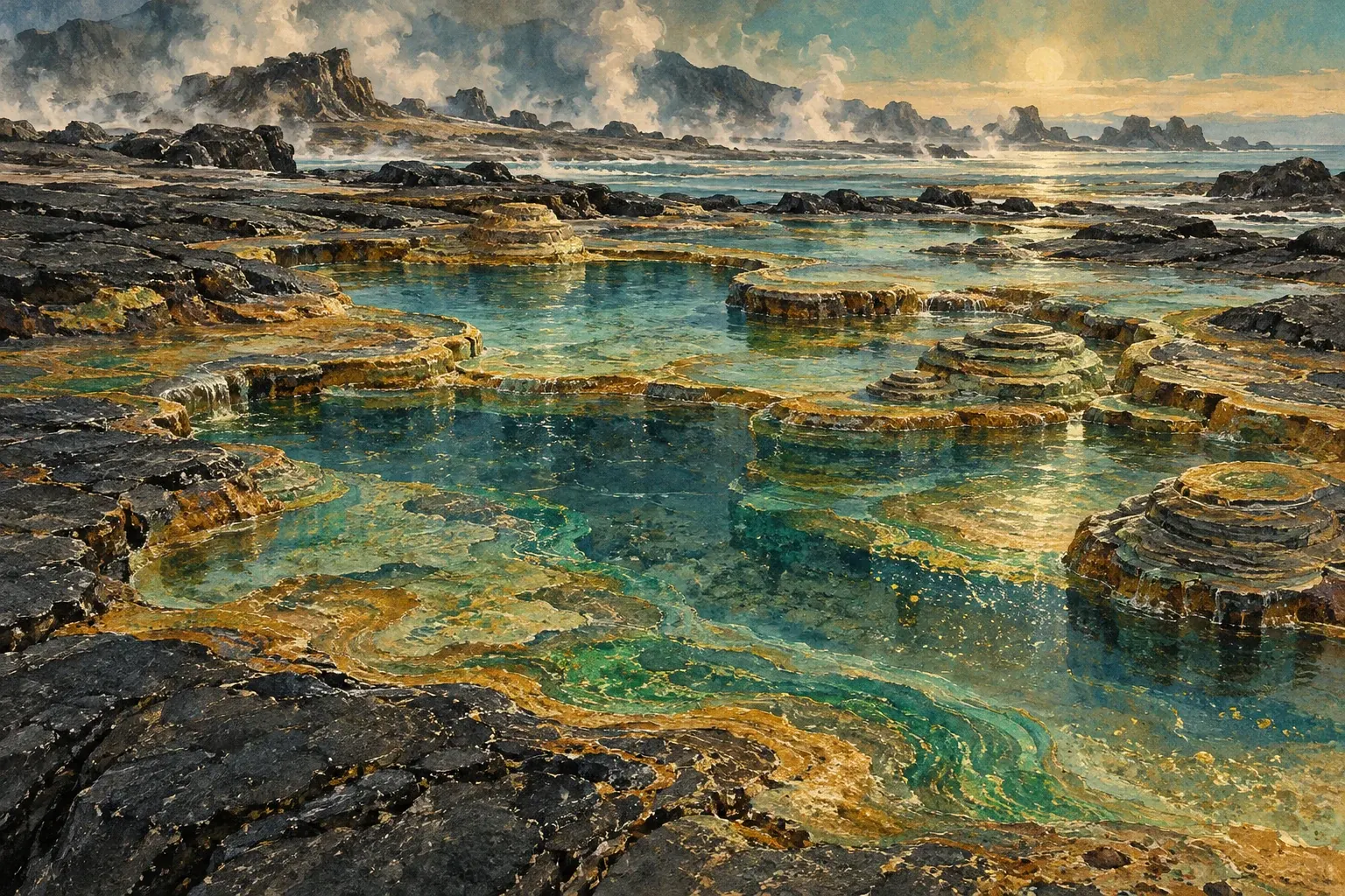 Shallow pools where the first living films spread over the rocks.