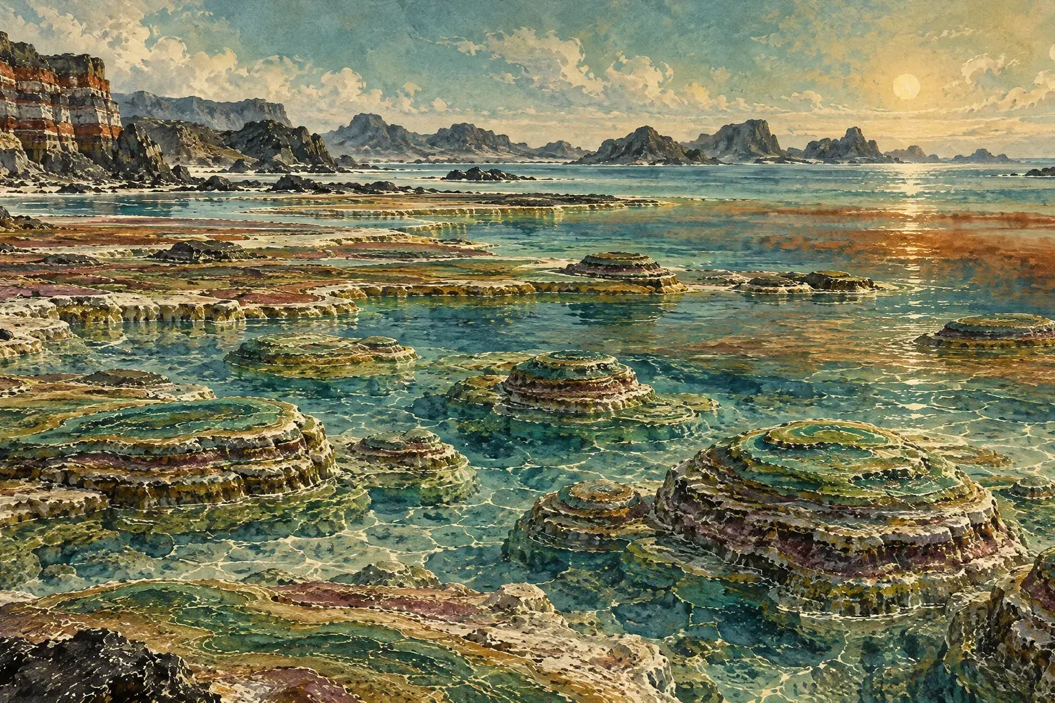 Mounds of living layers growing in sunlit shallow water.